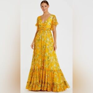 NWT Mac Duggal Flounce Sleeve Maxi Dress Yellow Multi Floral Size 16 Romantic